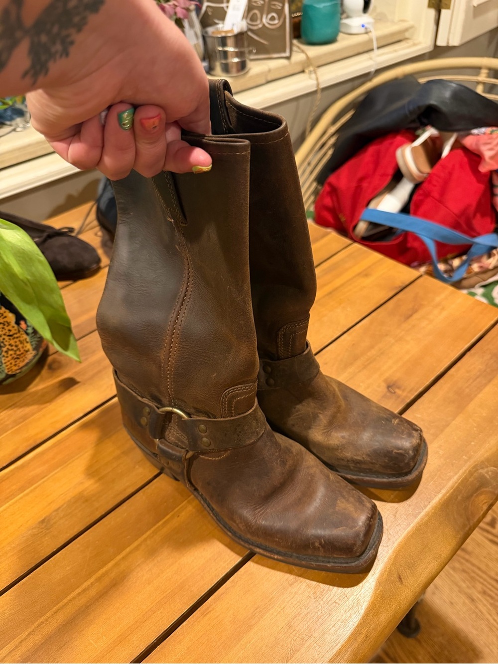 Frye Brown Leather Harness Moto Boots